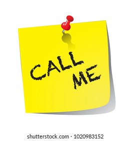 A yellow sticky note saying call me with a red pin isolated on a white background