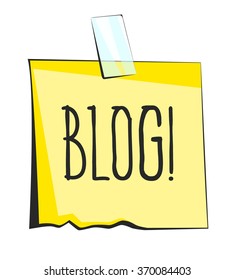 Yellow sticky note with scotch tape. Blog lettering. Paper reminder sticker
