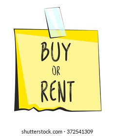 Yellow sticky note with scotch tape. Buy or rent lettering. Paper reminder sticker