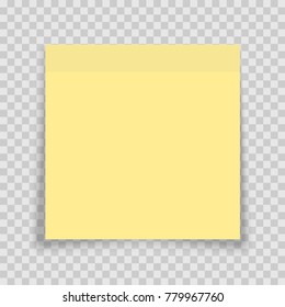 Yellow sticky note with shadow on transparent background. Adhesive office reminder note paper icon. Mock up template for your design. Vector illustration