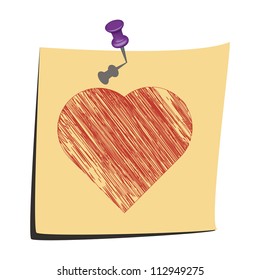 Yellow Sticky Note, sketch of a heart, hand drawing.
