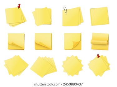 Yellow sticky note stack. Stacked adhesive notes pads with curled corner, paper clips and push pins. Empty notes, reminders or office messages vector set of adhesive message yellow sticky illustration