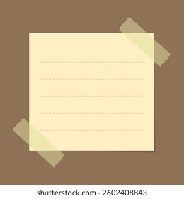Yellow sticky note template. Taped square office memo paper.