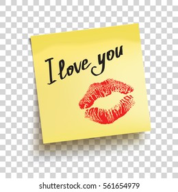 Yellow sticky note with text "I love you!". Vector illustration. Notes for valentines day