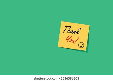 yellow sticky note, thank you text, green background, cheerful message, stationery