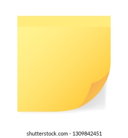 Yellow sticky note with turned up corner isolated on white background. Light from the left.