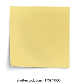 Yellow sticky note with turned up corner isolated on white background. Light from the right.