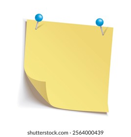 Yellow sticky note with two blue pushpins isolated on a white background, realistic vector illustration with curled corner and shadows, suitable for design, reminders, or presentations