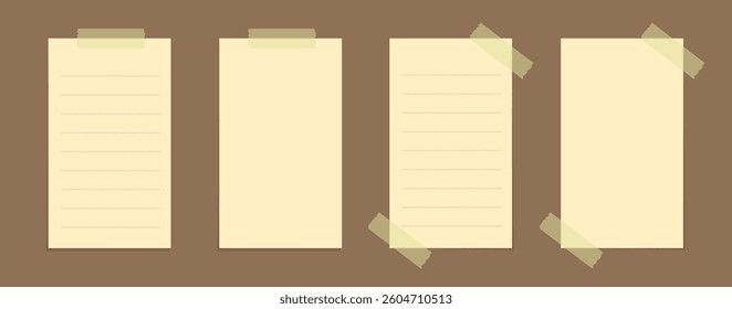 Yellow sticky note vector illustration set. Taped vertical page office memo paper template mockup.