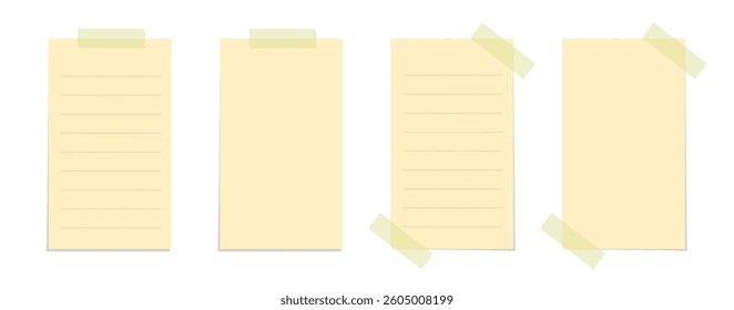 Yellow sticky note vector illustration set. Taped vertical page office memo paper template mockup.