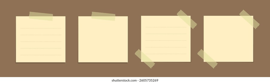 Yellow sticky note vector illustration set. Taped square office memo paper template mockup.