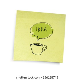 Notas pegajosas amarillas con la ilustración "idea" de la taza de café. Ilustración del vector, EPS10.