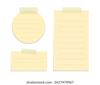 Yellow sticky notes illustration set. Taped office memo paper template mockup.
