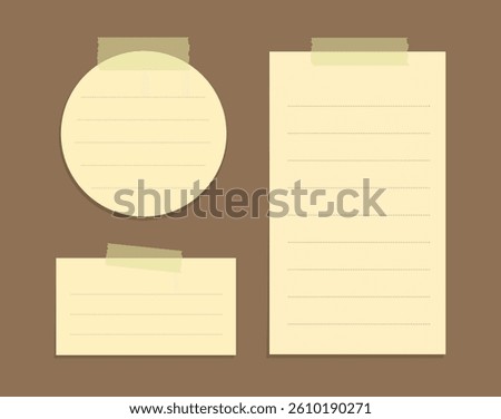Yellow sticky notes illustration set. Taped office memo paper template mockup.