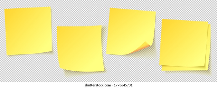 Yellow sticky notes. Realistic square paper reminders with shadow. Notepaper page for message or project isolated on transparent background. Paper element template vector illustration