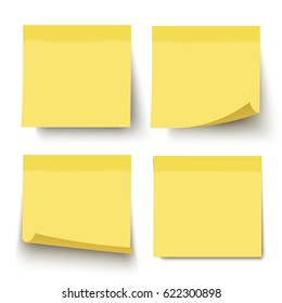 Yellow sticky notes. Vector illustration isolated on white background. Sticky note set with curled corners and shadows.
