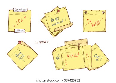 Yellow Sticky notes Vector set. Sticky notes with wishes. Hand drawn doodle paper sheets with messages.