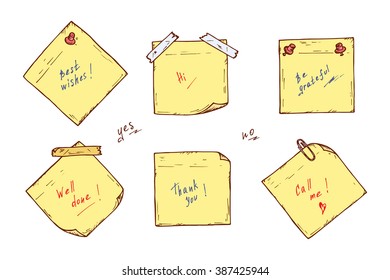 Yellow Sticky notes Vector set. Sticky notes with wishes. Hand drawn doodle paper sheets with messages.