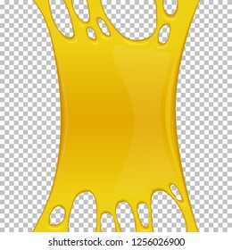 Yellow sticky slime banner with copy space. Frame of golden honey. Popular kids sensory toy vector illustration. Realistic liquid mucus isolated object. Abstract design element with detailed slime.