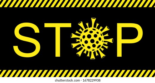 Yellow Stop Coronavirus concept. COVID-19 quarantine. 2019 and 2020 nCov Coronavirus icon. Infection of coronavirus pandemic isolated on black. Virus cell from China. Vector illustration