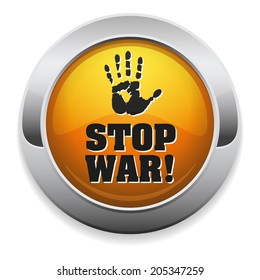 Yellow stop war button with chrome border on white background