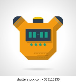 Yellow stopwatch device. Digital timer with buttons. Equipment and accessory for sport competition, personal results exam. Vector icon flat color. Web design element for site, mobile and business.