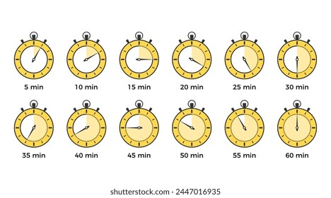 Iconos amarillos del cronómetro con diverso tiempo, diseño plano, ilustración eps10 del Vector