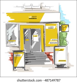 Yellow store design. Elements of outdoor advertising. Corporate identity sketch in a drawing style