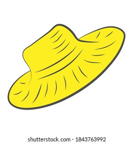 Yellow straw hat isolated on white. Vector illustration of summer hat for logo, icon, fashion, print, sticker design. Hand-drawn hat