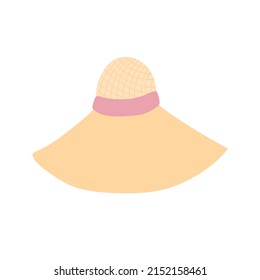 Yellow straw hat with pink ribbon flat illustration. Vector isolated on white background.