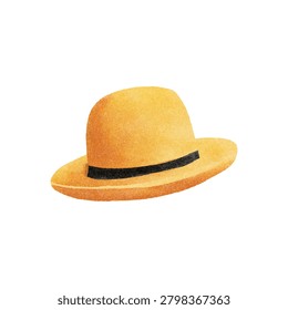 A yellow straw Panama hat featuring a black band.