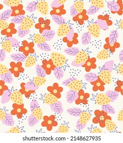 Fresa amarilla y flor sin costuras en fondo blanco. Fondo de frutas de verano para la marca, el embalaje, la tela y los textiles, el papel de envoltura