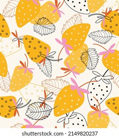 Yellow strawberry seamless pattern on beige background. Vector outline fruit background for branding, package, fabric and textile, wrapping paper