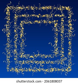 Yellow Streamer Abstract Vector Blue Background. Party Confetti Invitation. Serpentine Paper Template. Golden Carnival Plant.