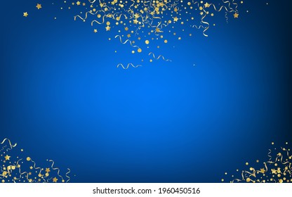 Yellow Streamer Anniversary Vector Blue Background. Isolated Confetti Design. Spiral Christmas Plant. Golden Shiny Illustration.