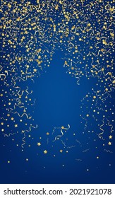 Yellow Streamer Carnival Vector Blue Background. Falling Ribbon Branch. Star Happy Invitation. Gold Flying Poster.