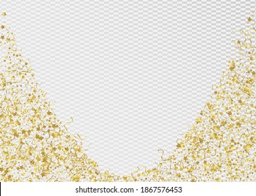 Yellow Streamer Christmas Vector Transparent Background. Shiny Spiral Branch. Confetti Abstract Design. Gold Fun Illustration.