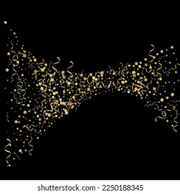 Gelber Streamer festlicher, schwarzer Vektorhintergrund. Zweigstelle in glänzendem Ribbon. Serpentine Flying Design. Goldpapierfabrik.