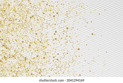 Yellow Streamer Fun Vector Transparent Background. Party Star Invitation. Spiral Celebrate Design. Golden Christmas Illustration.