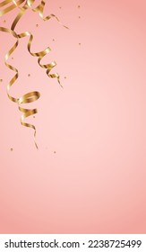 Fondo rosado del vector aislado del Amarillo Streamer. Diseño de cinta de Navidad. Invitación feliz en espiral. Afiche de papel de oro.