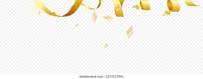 Yellow Streamer Swirl Vector Panoramic Transparent Background. Isolated Serpentine Poster. Confetti Carnival Branch. Gold Abstract Template.
