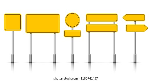 Yellow street road sign boards. Vector roadsign alert notice isolated on white background
