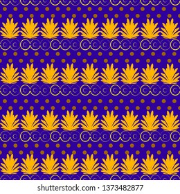 yellow strings with brown dots and golden floral ornaments on a blue background