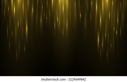 Yellow stripe vertical lines. Abstract glow light lines, motion light of high speed car. Gold lights shiny vertical line glitters holiday festival on dark background. long trails fire speed. Vector.