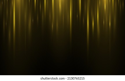 Yellow stripe vertical lines. Abstract glow light lines, motion light of high speed car. Gold lights shiny vertical line glitters holiday festival on dark background. long trails fire speed. Vector.