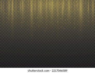 Yellow stripe vertical lines. Abstract glow light lines, motion light of high speed car. Gold lights shiny vertical line glitters holiday festival on dark background. long trails fire speed. Vector.