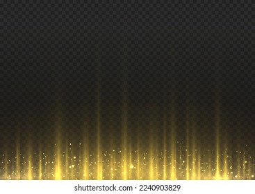 Gelbe Streifen senkrechte Linien. Abstrakte Leuchten, Bewegungslicht von Hochgeschwindigkeitsfahrzeugen. Goldene Lichter glänzen die senkrechte Linie und glitzern das Feiertagsfestival auf dunklem Hintergrund. Langstreckenfeuergeschwindigkeit. Vektorgrafik.
