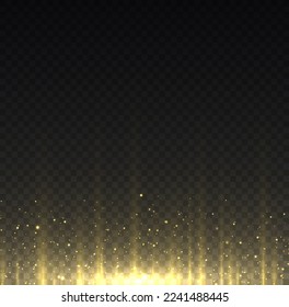 Yellow stripe vertical lines. Abstract glow light lines, motion light of high speed car. Gold lights shiny vertical line glitters holiday festival on dark background. long trails fire speed. Vector.