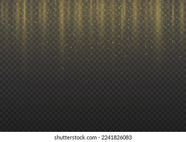 Yellow stripe vertical lines. Abstract glow light lines, motion light of high speed car. Gold lights shiny vertical line glitters holiday festival on dark background. long trails fire speed. Vector.