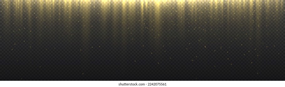 Yellow stripe vertical lines. Abstract glow light lines, motion light of high speed car. Gold lights shiny vertical line glitters holiday festival on dark background. long trails fire speed. Vector.